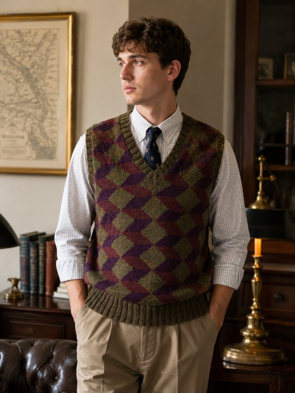 NWT Jeffrey Banks Hand Knit 100% Wool Sweater Vest Men’s L USA Made Argyle VTG
